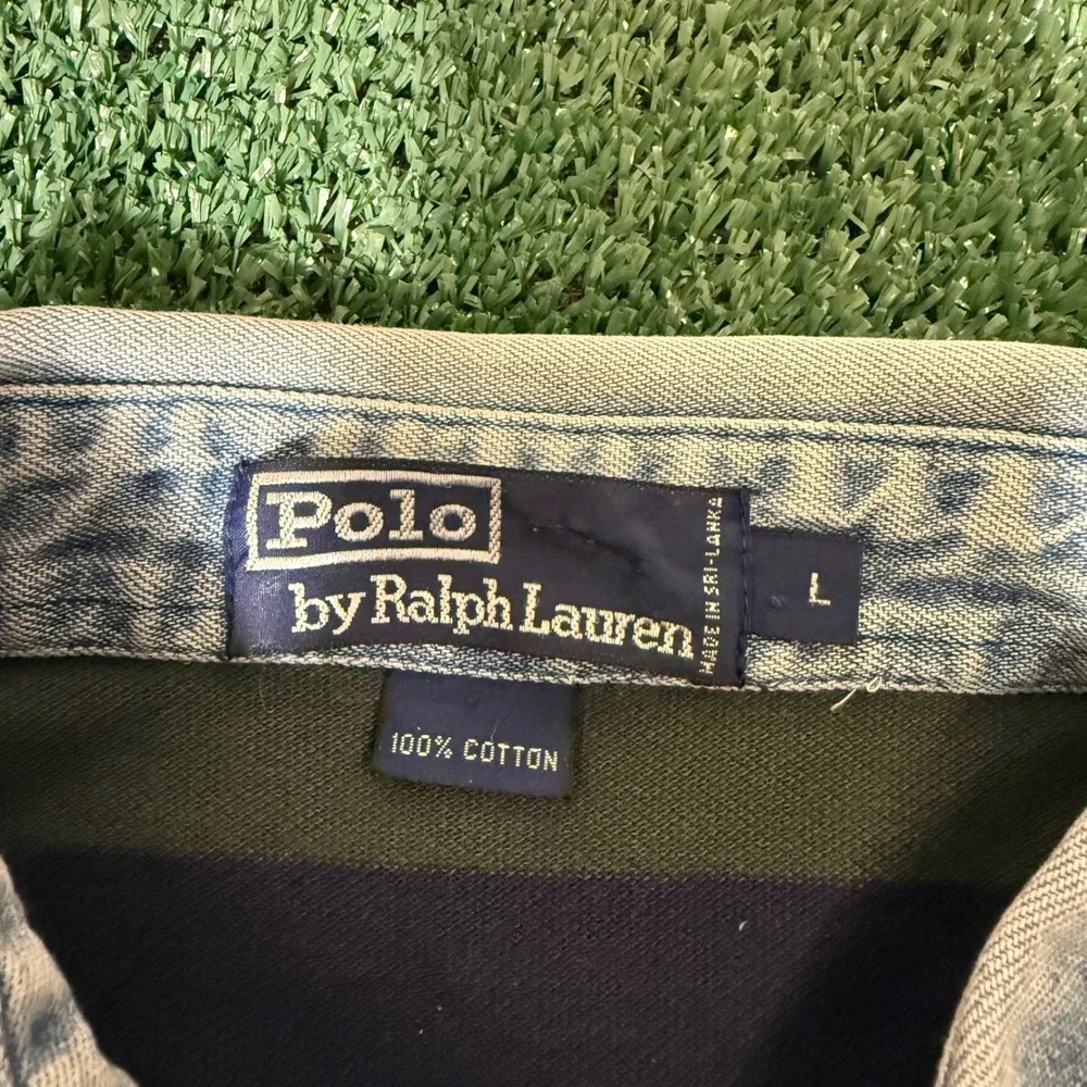Vintage Polo Ralph Lauren Striped Polo Shirt Denim Collar Green Navy Mens Large